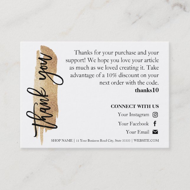 Jewellery Care Gold Gliter Script Thank You Card (Front)
