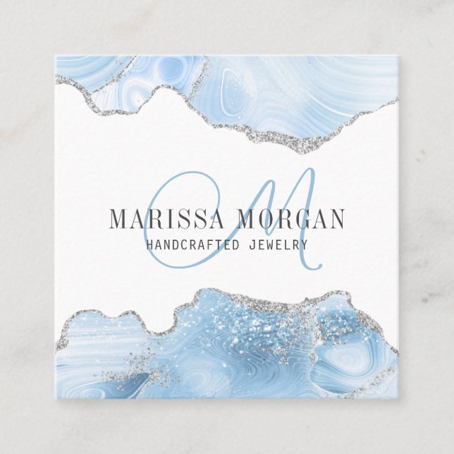 Jewellery Designer Blue Agate Geode Monogram  Square Business Card (Front)