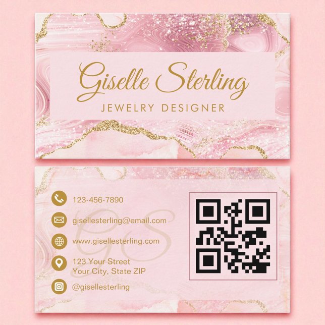 Jewellery Designer Blush Pink Gold Agate QR Code Business Card (Creator Uploaded)