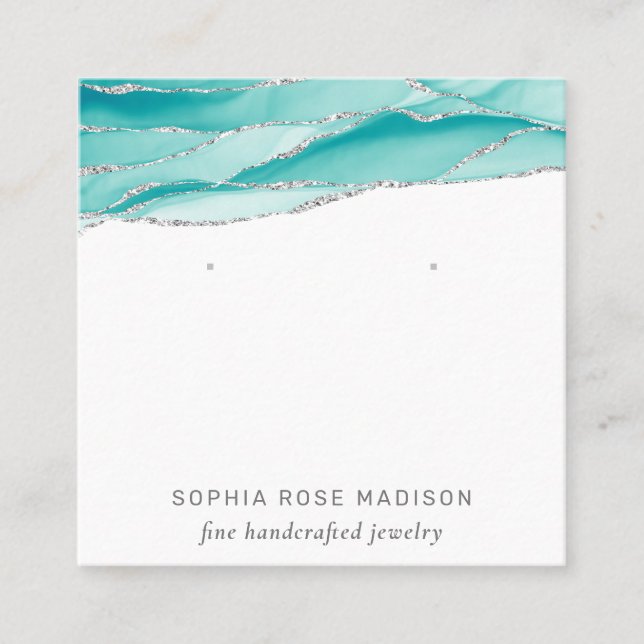 Jewellery Display Silver Glitter Teal Agate Square Business Card (Front)