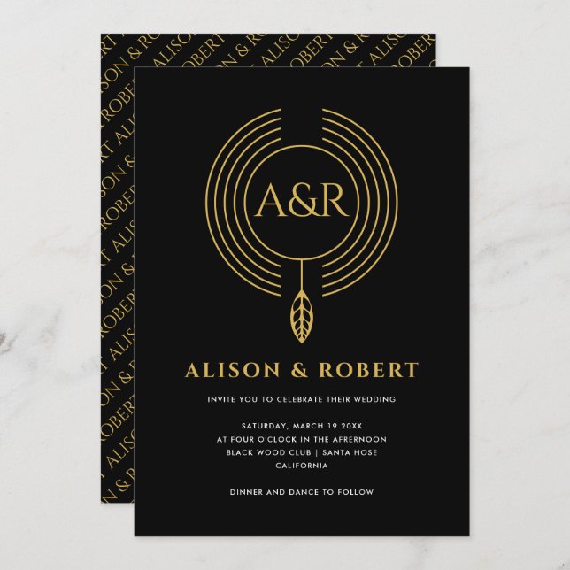 Jewellery inspired frame, leaf and initials weddin invitation (Front/Back)