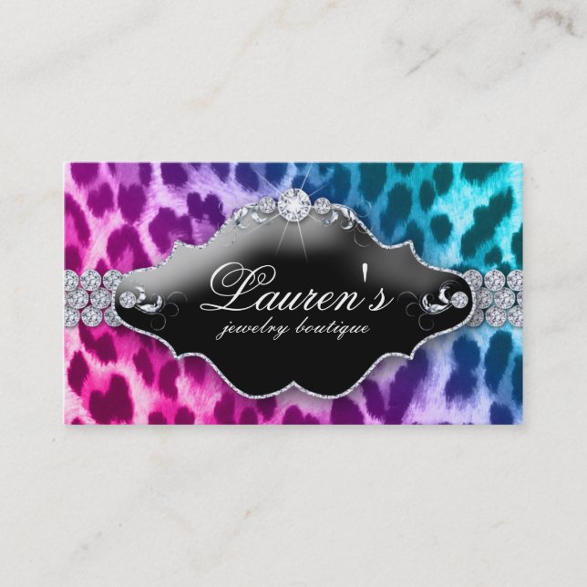 Jewellery Leopard Business Card Pink Blue (Front)