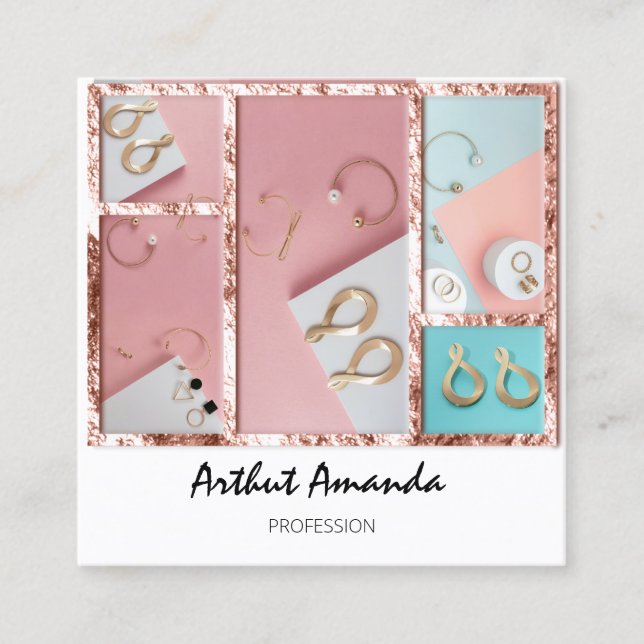 Jewellery Luxury Gold Pearls Rose Pink White Frame Square Business Card (Front)