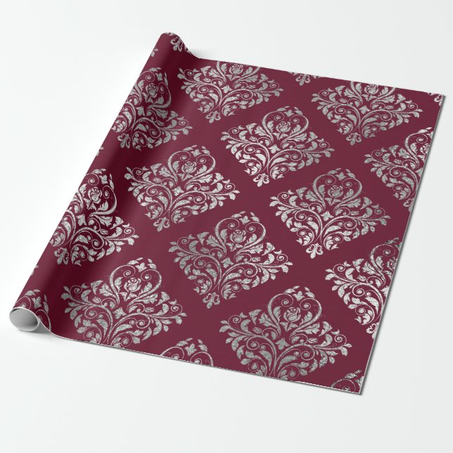 Jewellery Royal Damask Maroon Burgundy Vip Silver Wrapping Paper (Unrolled)