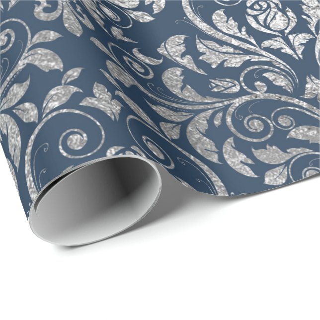 Jewellery Royal Ornament Damask Blue Navy Silver Wrapping Paper (Roll Corner)