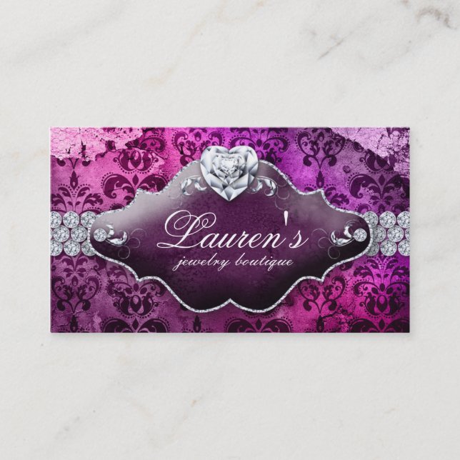 Jewellery Vintage Valentine's Heart Damask Purple Business Card (Front)