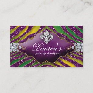 Jewellery Zebra Fleur de lis Mardi Gras Purple Business Card