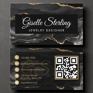 Jewelry Designer QR Code Black Gold Agate Luxury  Business Card