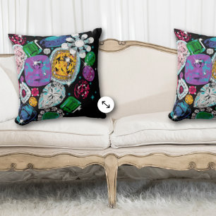Jewels Gems Bright Colours on Black Cushion