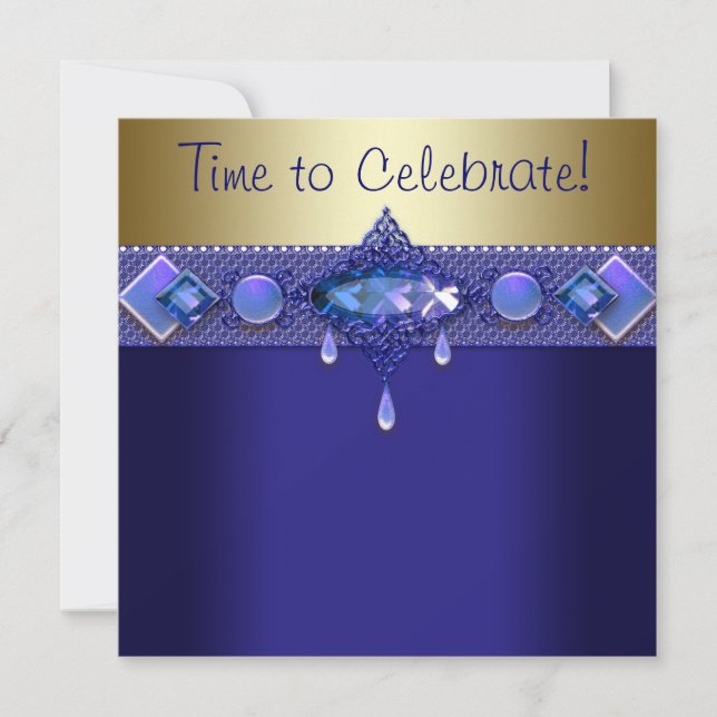 Jewels Purple Royal Blue Gold Birthday Party Invitation (Front)