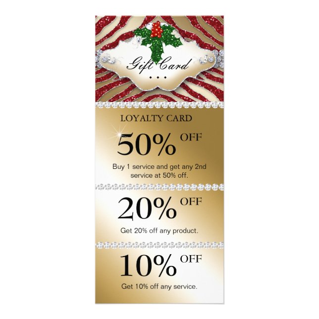 Jewels Spa Christmas Coupon Zebra Gold Red Rack Card (Front)