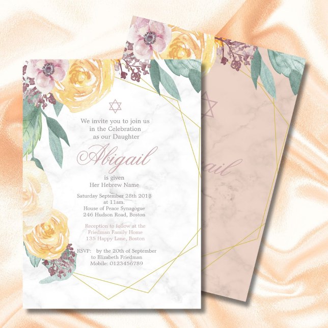 Jewish Baby Naming Geometric Floral  Elegant Pink Invitation (Creator Uploaded)