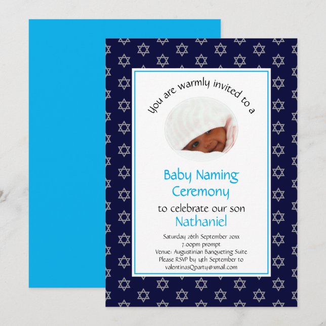 Jewish Baby Naming | Photo | Star of David | Blue Invitation (Front/Back)