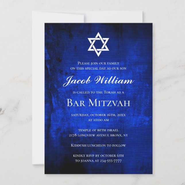 Jewish Bar Mitzvah Blue Watercolor Invitation (Front)