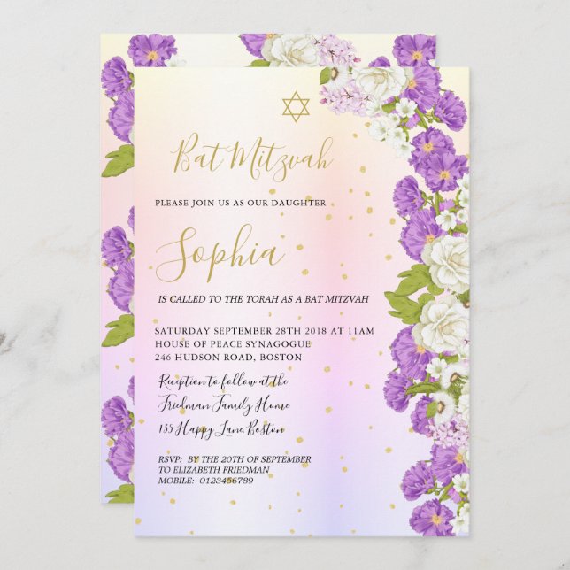 Jewish Bat Mitzvah Purple Floral Gold Hebrew  Invitation (Front/Back)