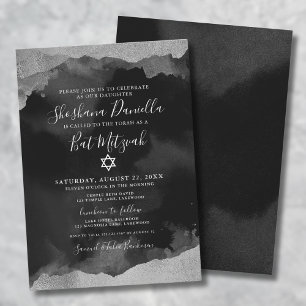 Jewish Black Silver Watercolor Mitzvah Invitation