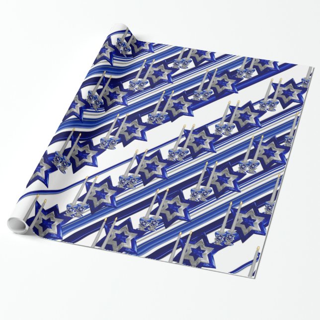 Jewish-Candlesticks-and-Star-1-Diagonal-Stripes Wrapping Paper (Unrolled)