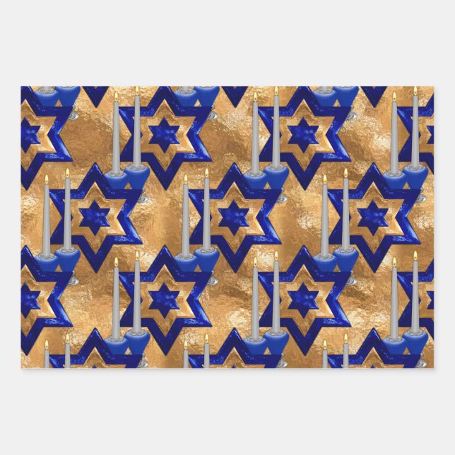 Jewish-Candlesticks-and-Stars-SET-3 Wrapping Paper Sheet (Front)