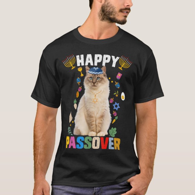 Jewish Cat kippah Happy Passover Matzah Passover H T-Shirt (Front)