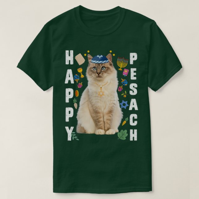 Jewish Cat Kippah Happy Pesach Matzah Passover Hol T-Shirt (Design Front)