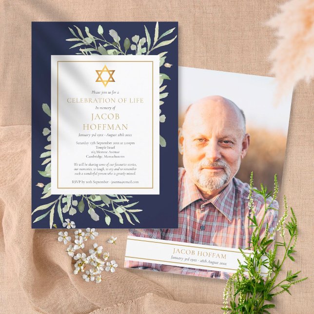 Jewish Celebration of Life Navy Blue Foliage Photo Invitation (Creator Uploaded)