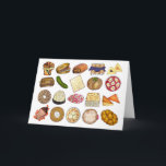 Jewish Cooking Cuisine Holiday Dinner Foods Print Card<br><div class="desc">Design features an original illustration of an assortment of popular foods in Jewish cuisine, including: babka, bagel with cream cheese and lox, rugelach, blueberry blintzes, hamantash, reuben sandwich, kosher dill pickle, matzah, spinach knish, shakshuka, everything bagel, coconut macaroon, Israeli salad, kugel, bourekas, beef brisket, latkes with sour cream, matzo ball...</div>