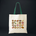 Jewish Cooking Cuisine Holiday Dinner Foods Print Tote Bag<br><div class="desc">Design features an original illustration of an assortment of popular foods in Jewish cuisine, including: babka, bagel with cream cheese and lox, rugelach, blueberry blintzes, hamantash, reuben sandwich, kosher dill pickle, matzah, spinach knish, shakshuka, everything bagel, coconut macaroon, Israeli salad, kugel, bourekas, beef brisket, latkes with sour cream, matzo ball...</div>