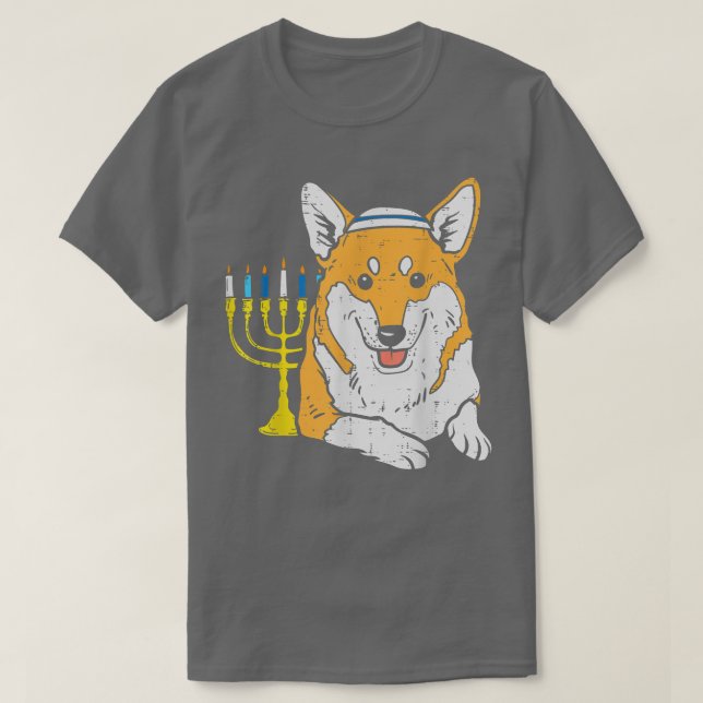 Jewish Corgi Dog Menorah Hanukkah Pyjamas Chanukah T-Shirt (Design Front)