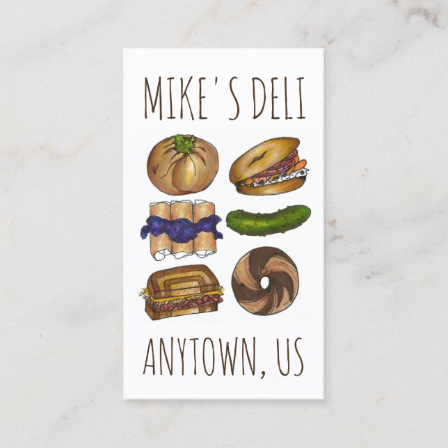 Jewish Deli Food Bagel Knish Pickle Reuben Blintz Business Card (Front)