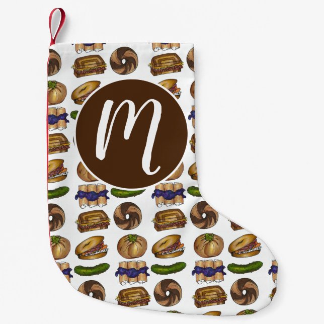 Jewish Deli Foods Pickle Knish Blintz Bagel Lox Small Christmas Stocking (Front)