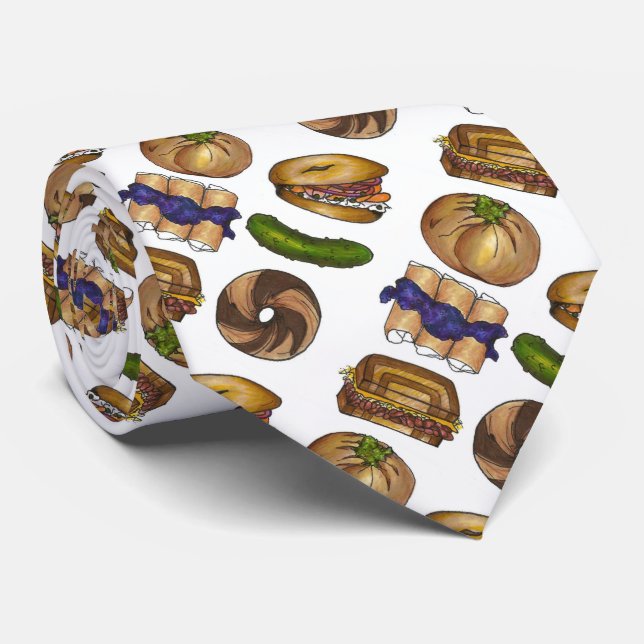 Jewish Deli Reuben Blintz Bagel Lox Pickle Foodie Tie (Rolled)