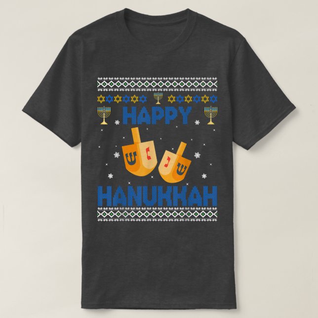Jewish Dreidel Menorah Star Happy Hanukkah Ugly Xm T-Shirt (Design Front)