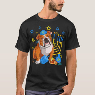 Jewish English Bulldog Dog Kippah Menorah Hanukkah T-Shirt
