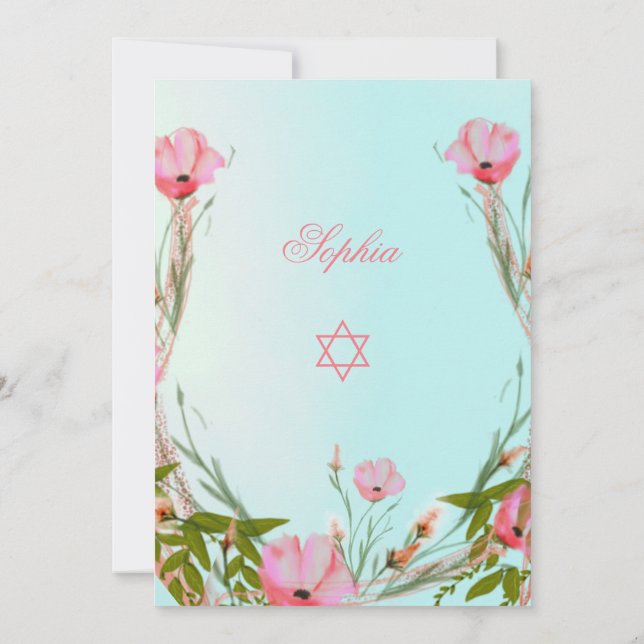 Jewish Floral Blue Pink Baby Naming Star of David  Invitation (Back)