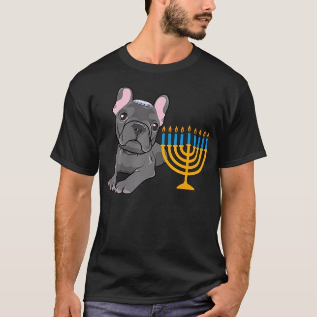 Jewish French Bulldog Frenchie Dog Menorah Hanukka T-Shirt (Front)