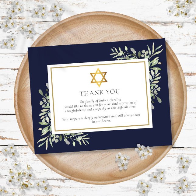 Jewish Funeral Memorial Foliage Gold Star Of David Thank You Card (Jewish Funeral Memorial Foliage Gold Star Of David Thank You Card)