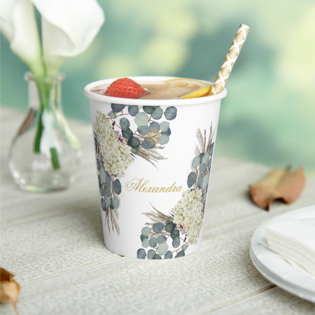 Jewish Girl Baby Naming Floral Green Gold Paper Cups (Insitu)