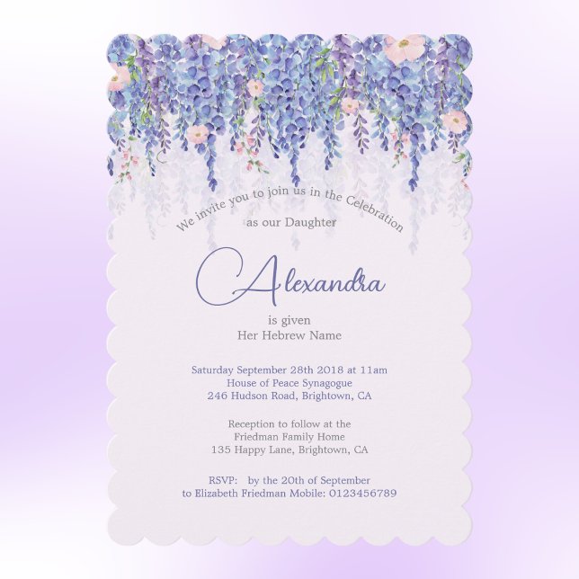 Jewish Girl Baby Naming Floral Lavender Elegant  Invitation (Creator Uploaded)