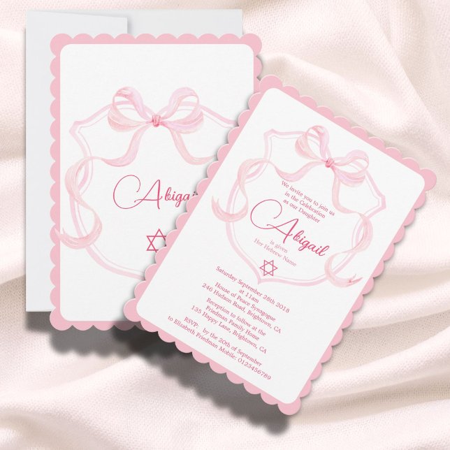 Jewish Girl Baby Naming Pink Elegant Bow  Invitation (Creator Uploaded)