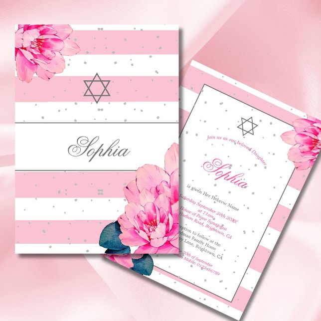 Jewish Girl Baby Naming Pink Roses Hebrew Silver Invitation (Creator Uploaded)