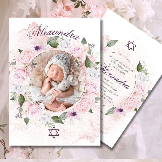 Jewish Girl Baby Naming  Pink Roses Photo Invitation (Creator Uploaded)