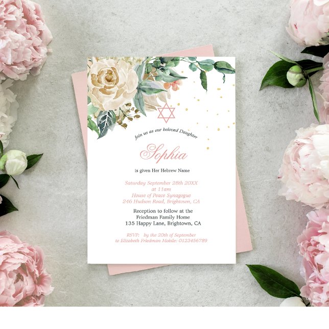 Jewish Girl Baby Naming Pink Roses Religious Invitation (Creator Uploaded)
