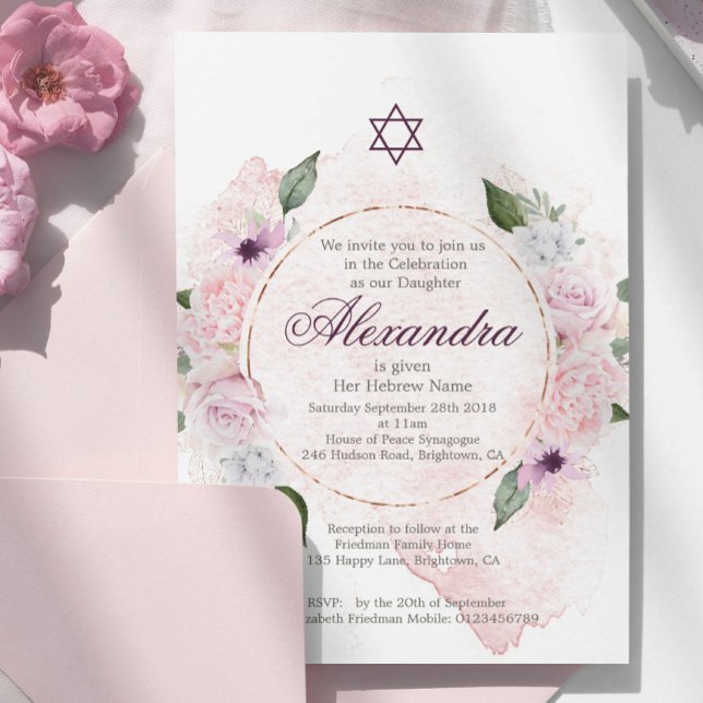 Jewish Girl Baby Naming Pink Roses Star Of David  Invitation (Creator Uploaded)