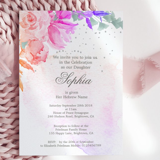 Jewish Girl Baby Naming Purple Lavender Floral  Invitation (Creator Uploaded)