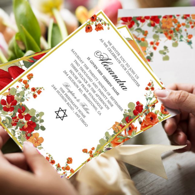 Jewish Girl Baby Naming Red Modern Floral  Invitation (Creator Uploaded)