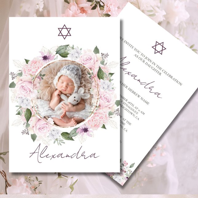 Jewish Girl Baby Naming Roses Pink Photo Invitation (Creator Uploaded)