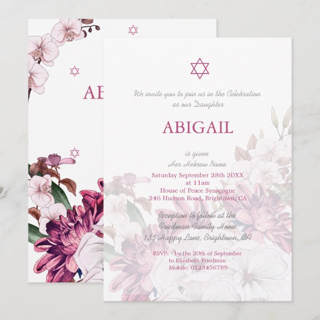 Jewish Girl Floral Naming Ceremony Hebrew Invitation (Front/Back)