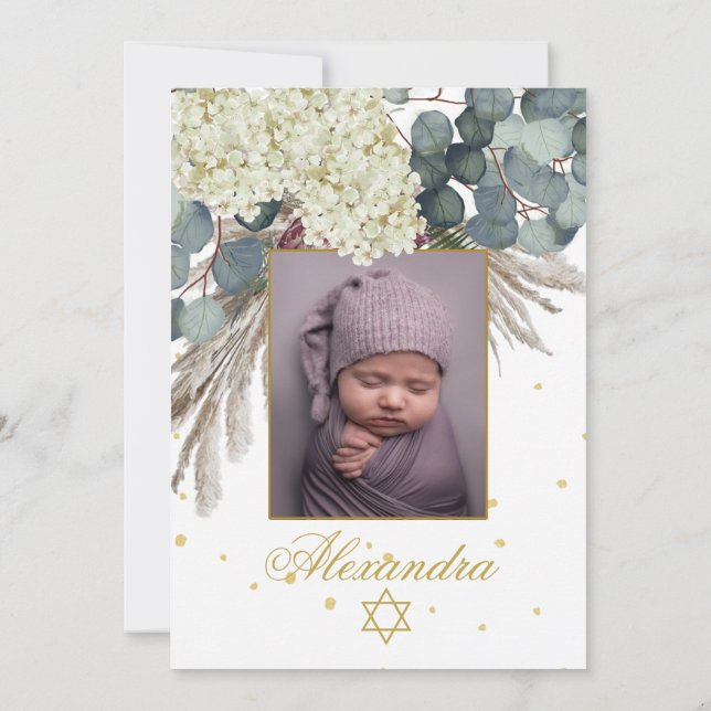 Jewish Girl Photo Baby Naming Floral Gold Invitation (Back)