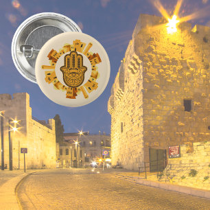 Jewish Gold Jerusalem Hamsa with Star of David 3 Cm Round Badge
