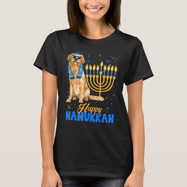 Jewish Golden Retriever Dog Menorah Happy Hanukkah T-Shirt (Front)